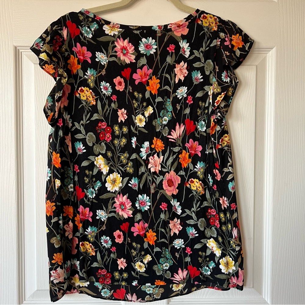 Loft Black Flutter Sleeve Top With Color Floral P… - image 2